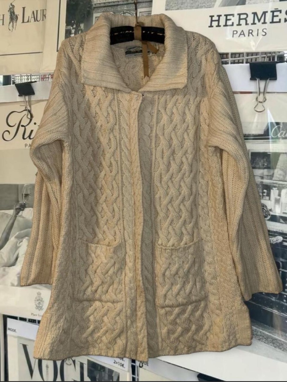 ✨ Aran Crafts Ireland 100% Merino Wool Cream Cable Knit Zip Cardigan, size L ✨